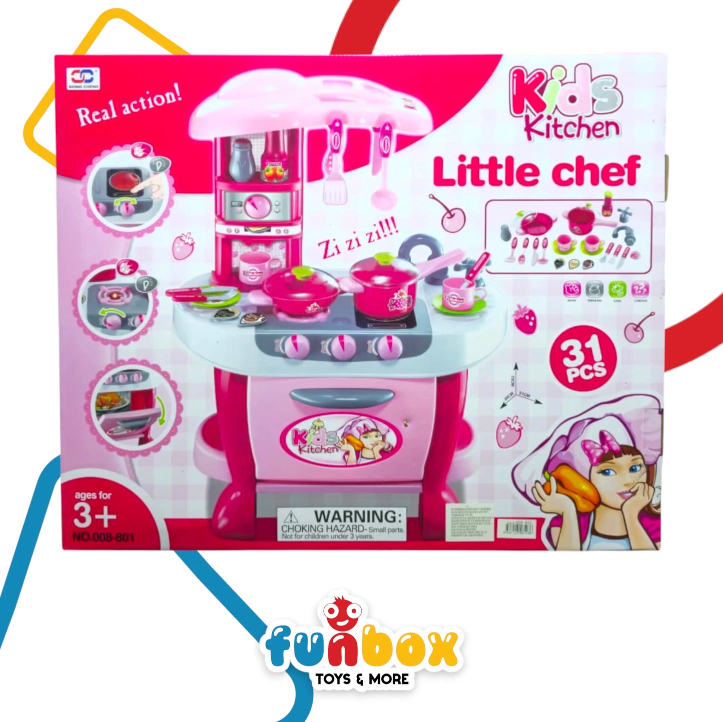 Little Chef Kids Kitchen – 31-Piece Real Action Cooking Set with Light & Sound
