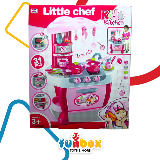Little Chef Kids Kitchen – 31-Piece Real Action Cooking Set with Light & Sound
